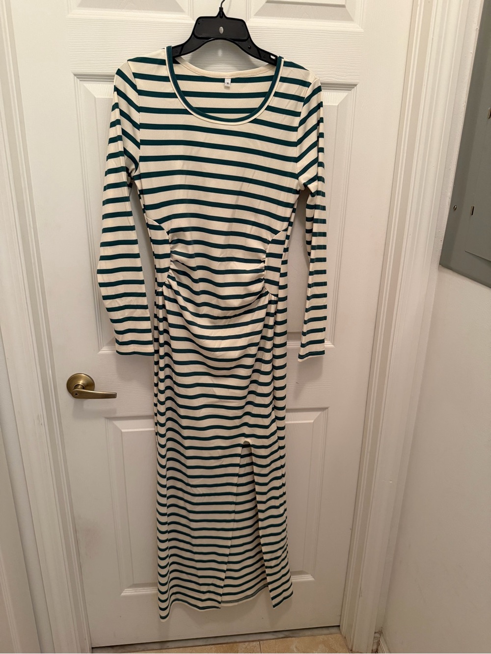 Striped Cream and Green Long Sleeve Ruched Maxi Dress